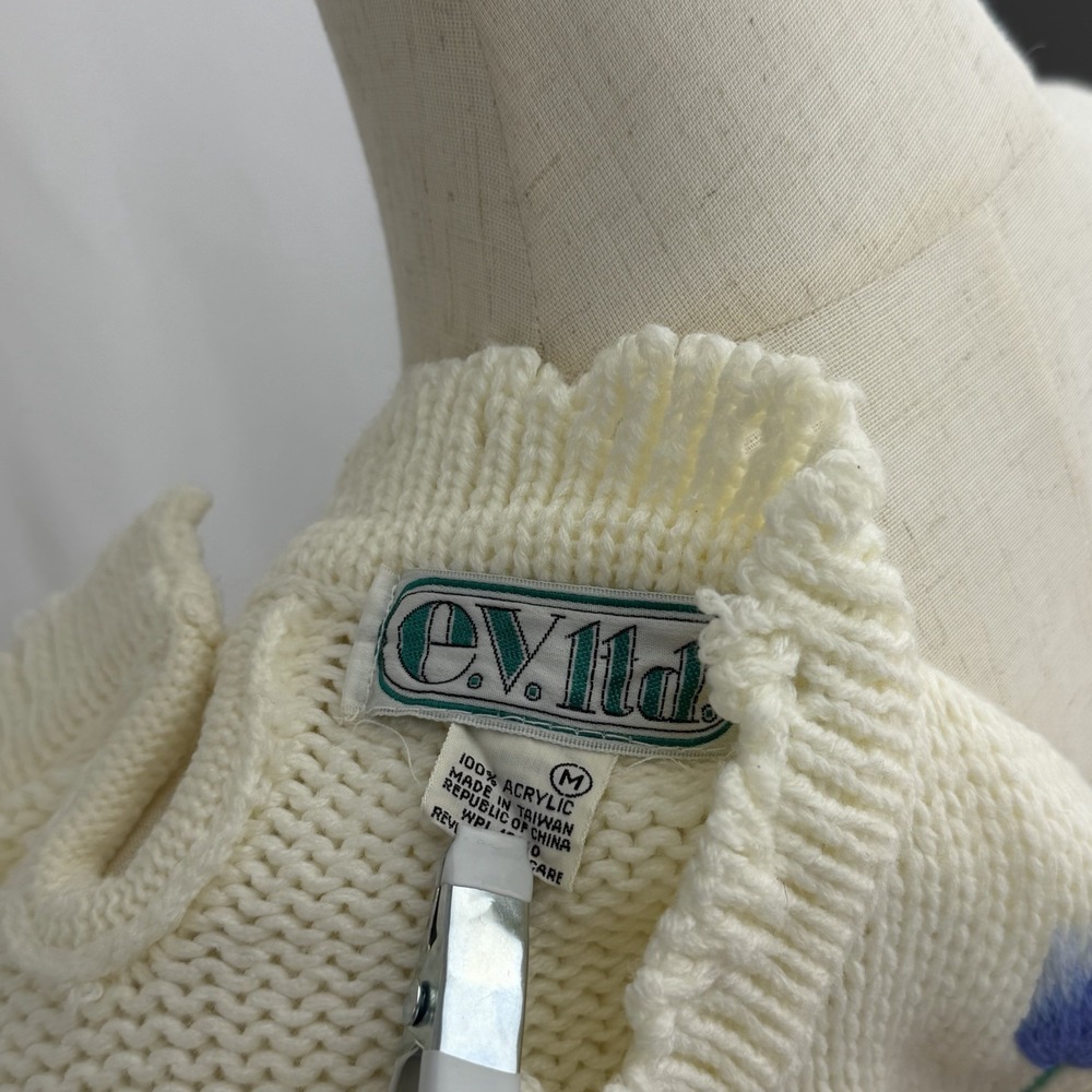 Vintage 80s Floral Knit Sweater 3D Bobble Mock Neck Cottagecore Size Medium - Picture 6 of 6